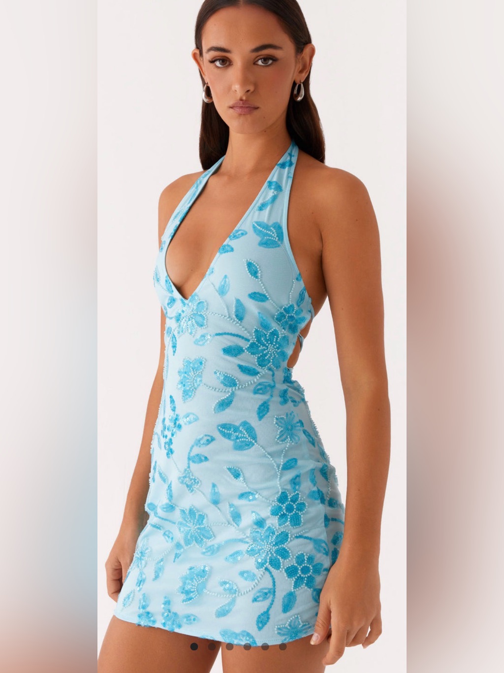 Peppermayo Light Blue Floral Halter Dress With Detailed Sequence & Beads Nwt